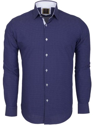 Oscar Banks Erkek Lacivert %100 Pamuk Slim Fit Desenli Uzun Kollu Gömlek