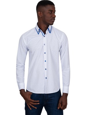 Makrom Erkek Beyaz Mavi Puantiyeli Duble Yaka Pamuklu Slim Fit Gömlek