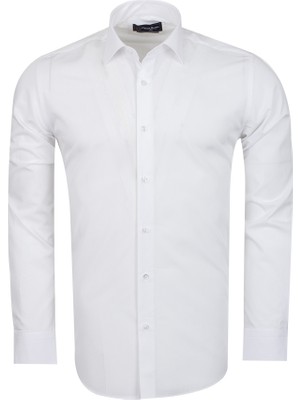 Oscar Banks Erkek Beyaz %100 Pamuk Slim Fit Uzun Kollu Klasik Gömlek