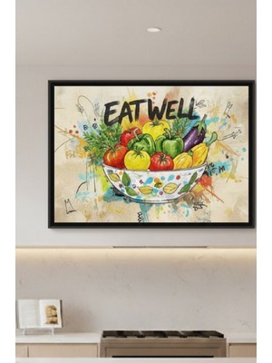 Safir Design Enerjik Mutfaklar Renkli Sebze Figürlü "eat Well" Çerçeveli Tablo