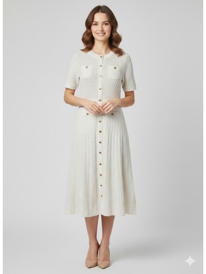 On Triko Önü Süs Düğmeli Triko Elbise 70417