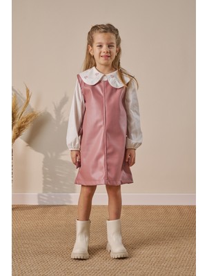 Minipodyum Kız Çocuk Elbise Bebe Yaka Gömlekli Deri Görünümlü Bayramlık
