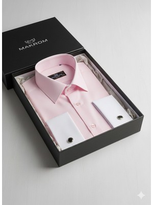 Makrom Premium Duble Manşetli Metal Düğme Detaylı Pembe Özel Tasarım Erkek Gömlek