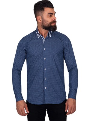 Makrom Lacıvert Tasarım Detaylı Slim Fit Erkek Gömlek