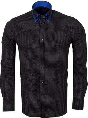 Makrom Modern Fit Çift Yaka Tasarımlı Siyah Mikro Desenli Gömlek