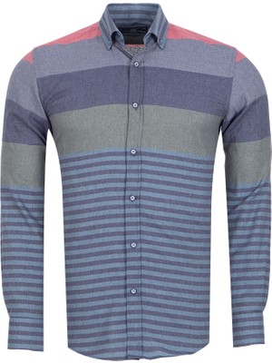 Makrom Erkek Soft Renk Bloklu Çizgili Dokuma Gömlek – Gri Mavi Lacivert