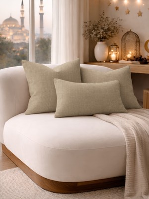 Perle Bej Keten Dokulu Dekoratif Kırlent Kılıfı | Modern Salon Koltuk Yastığı