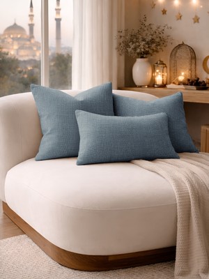 Perle Koyu Indigo Keten Dokulu Dekoratif Kırlent Kılıfı | Modern Salon Koltuk Yastığı