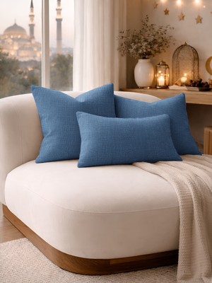 Perle Indigo Keten Dokulu Dekoratif Kırlent Kılıfı | Modern Salon Koltuk Yastığı