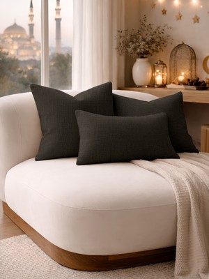 Perle Antrasit Keten Dokulu Dekoratif Kırlent Kılıfı | Modern Salon Koltuk Yastığı