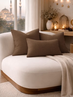 Perle Sütlü Kahverengi Keten Dokulu Dekoratif Kırlent Kılıfı | Modern Salon Koltuk Yastığı