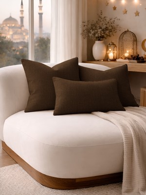 Perle Kahverengi Keten Dokulu Dekoratif Kırlent Kılıfı | Modern Salon Koltuk Yastığı