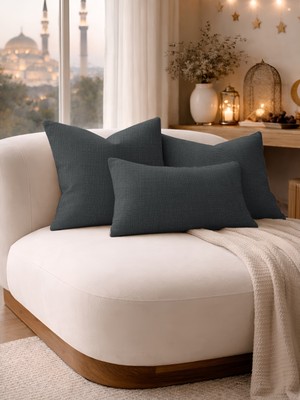 Perle Koyu Gri Keten Dokulu Dekoratif Kırlent Kılıfı | Modern Salon Koltuk Yastığı