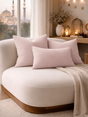 Perle Açık Pembe Keten Dokulu Dekoratif Kırlent Kılıfı | Modern Salon Koltuk Yastığı