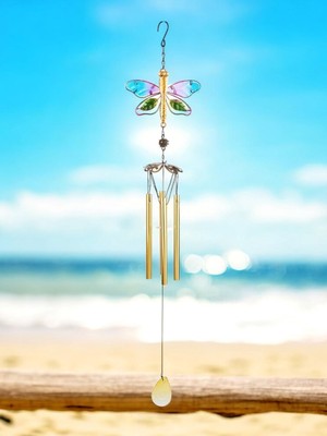 Hediye Fikri Yusufçuk Kuşu Tasarımlı Rüzgar Çanı | Metal & Cam | Paslanmaz Çelik | 72 cm