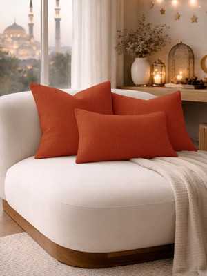 Perle Kiremit Renkli Keten Dokulu Dekoratif Kırlent Kılıfı El Yapımı 50 x 30 cm