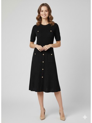 On Triko Önü Süs Düğmeli Triko Elbise 70417