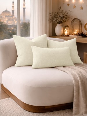 Perle Ekru Keten Dokulu Dekoratif Kırlent Kılıfı | Modern Salon Koltuk Yastığı