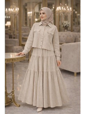 Moda Taş Rengi Kısa Gömlekli Etekli Ikili Takım – Tesettür Günlük Şık Kombin