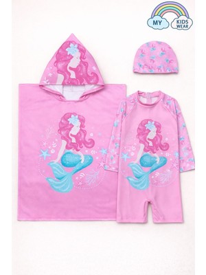 My Kids Wear Kız Çocuk Deniz Kombini 3’lü Set – Mayo, Havlu ve Bone 12578