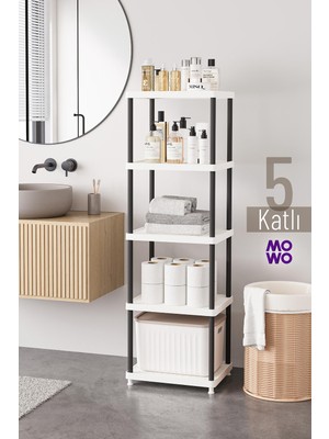 Mowo Home 5 Katlı Beyaz-Siyah Bacak 40X33 Plastik Banyo Raf Sistemi, Mutfak Rafı Kiler, Çok Amaçlı Düzenleyici