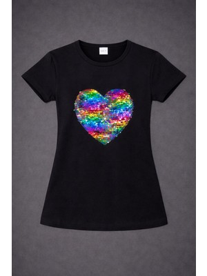 Dıgıl Kids Kalp Motifli Pullu Kız Çocuk T-Shirt