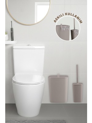 Okyanus Home Safir Yapışkanlı Wc Fırçalık ve Çöp Kovası Seti Vizon 2'li Banyo Seti