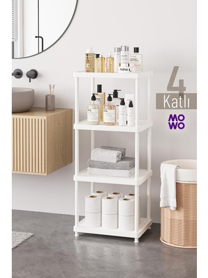 Mowo Home 4 Katlı Beyaz 40X33 Plastik Banyo Raf Sistemi, Mutfak Rafı, Kiler, Kitaplık Çok Amaçlı Düzenleyici