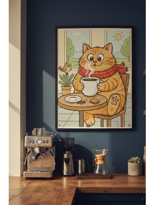 Safir Design Sıcak ve Samimi Kahve Içen Kedi Temalı Çerçeveli Mutfak ve Kahve Köşesi Tablosu