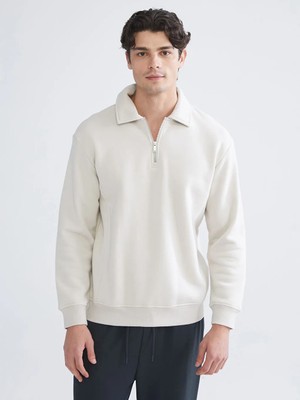 LC Waikiki Bej Polo Yaka Erkek Kalın Sweatshirt