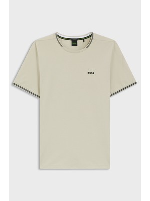 Boss Erkek Normal Kalıp Çizgili Bisiklet Yakalı Esnek Pamuklu Kısa Kollu Bej T-Shirt 50521245-275