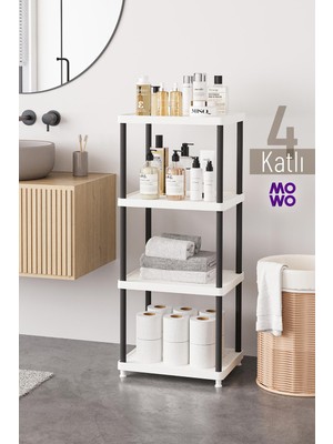 Mowo Home 4 Katlı Beyaz-Siyah Bacak 40X33 Plastik Banyo Raf Sistemi, Mutfak Rafı Kiler, Çok Amaçlı Düzenleyici