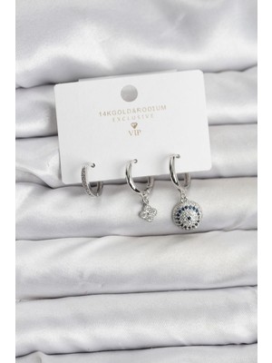 Prativas Nazar Model Gümüş Renk Pirinç 3lü Kadın Küpe Seti – PRT3500EB09688