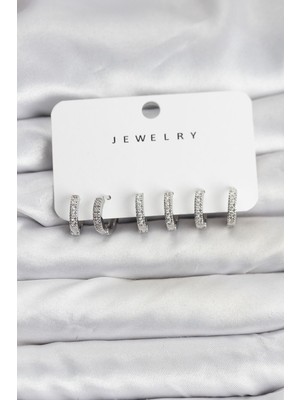 Prativas Gümüş Renk Pirinç Zirkon Taşlı Halka Kadın Küpe Seti – PRT3500EB09843