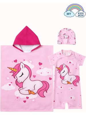My Kids Wear Kız Çocuk Deniz Kombini 3’lü Set – Mayo, Havlu ve Bone 12584