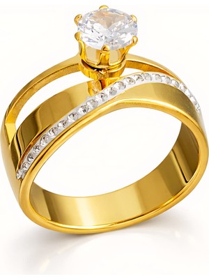 Formzen 316L Paslanmaz Çelik Kararmaz Çift Bantlı Tektaş Yüzük - Gold Renk Işıltılı Zirkon Taşlı Modern Tasarım