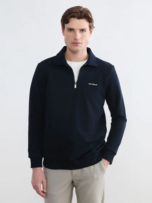 LC Waikiki Lacivert Polo Yaka Baskılı Erkek Kalın Sweatshirt