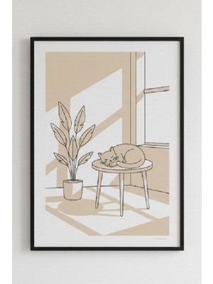 Safir Design Minimalist Huzur Pencere Önünde Uyuyan Kedi Çerçeveli Tablo