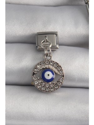 Prativas 316L Çelik Gümüş Renk Sallantı Zirkon Taşlı Göz Model Nazar Boncuk Detay Nomination Charm – PRT3500EB03403
