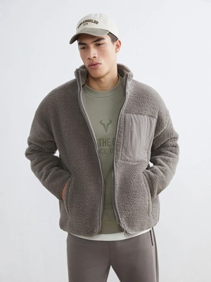 LC Waikiki Bej Dik Yaka Pelüş Erkek Fermuarlı Sweatshirt