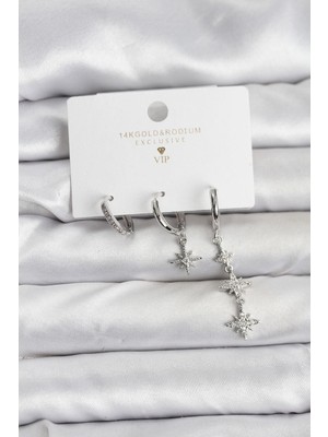 Prativas Kutup Yıldızı Model Gümüş Renk Pirinç 3lü Kadın Küpe Seti – PRT3500EB09690