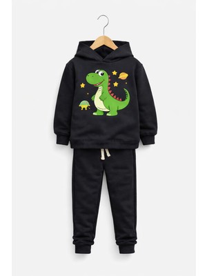 Siyah Dinozor Baskılı Erkek Çocuk Eşofman Takımı