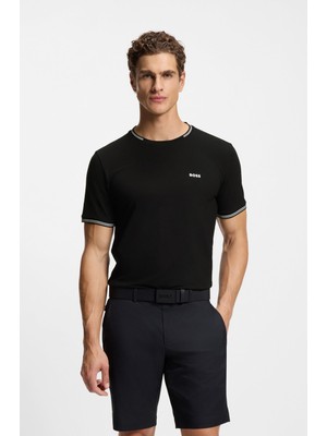 Boss Erkek Normal Kalıp Çizgili Bisiklet Yakalı Esnek Pamuklu Kısa Kollu Siyah T-Shirt 50521245-001