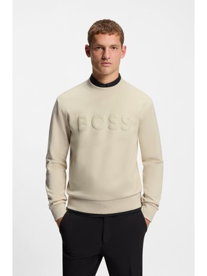 Boss Erkek Regular Fit Yuvarlak Yakalı Logo Kabartmalı Pamuklu Uzun Kollu Bej Sweatshirt 50555516-272