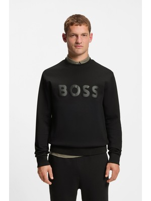 Boss Erkek Regular Fit Yuvarlak Yakalı Logo Kabartmalı Pamuklu Uzun Kollu Siyah Sweatshirt 50555516-001