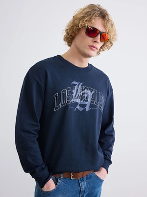 LC Waikiki Lacivert Bisiklet Yaka Baskılı Erkek Sweatshirt