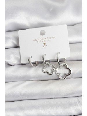 Prativas Yonca Model Gümüş Renk Pirinç 3lü Kadın Küpe Seti – PRT3500EB09698