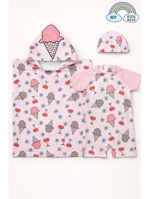 My Kids Wear Kız Çocuk Deniz Kombini 3’lü Set – Mayo, Havlu ve Bone 12576