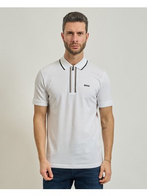 Boss Erkek Dar Kesim Nem Emici Esnek Pamuklu Kısa Kollu Beyaz Polo Yaka T-Shirt 50555698-100