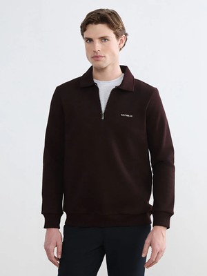 LC Waikiki Kahverengi Polo Yaka Baskılı Erkek Kalın Sweatshirt